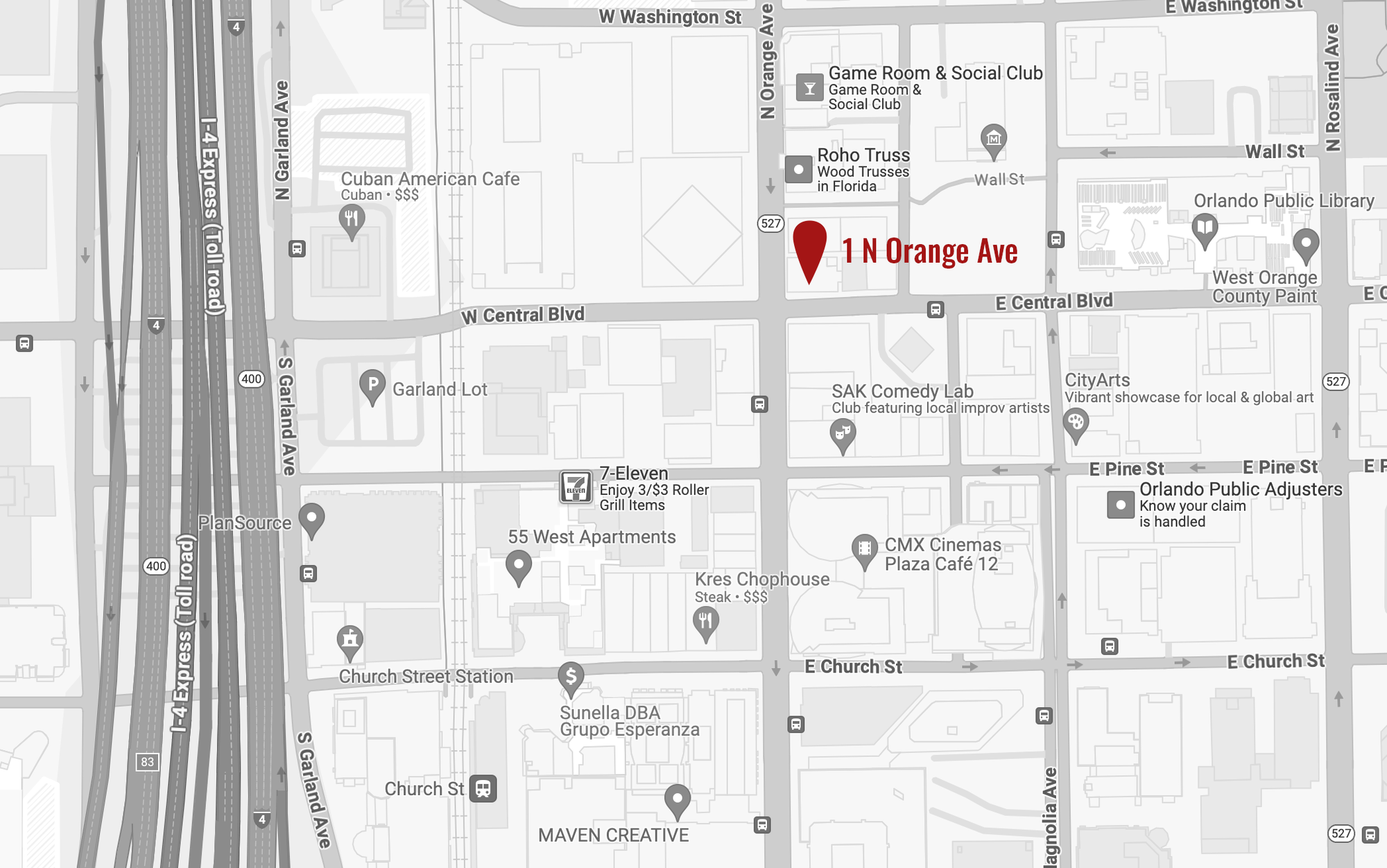 google map with downtown orlando property highlighted